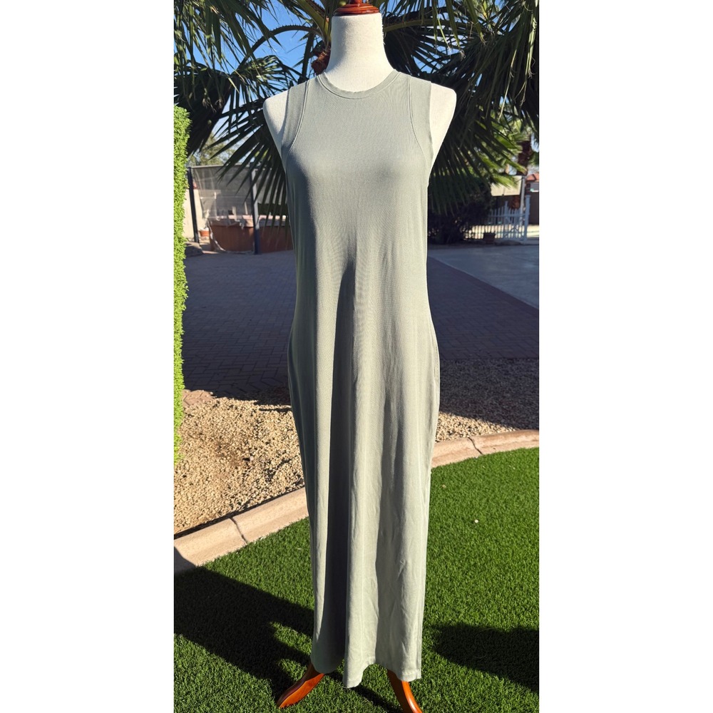 Vuori Womens Ribbed Knit Maxi Dress Laurel Green Racerback Sleeveless Slit Hem